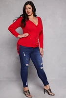 Womens Plus Size Ruched Drawstring Side Button Front Top, Red, Size 3X