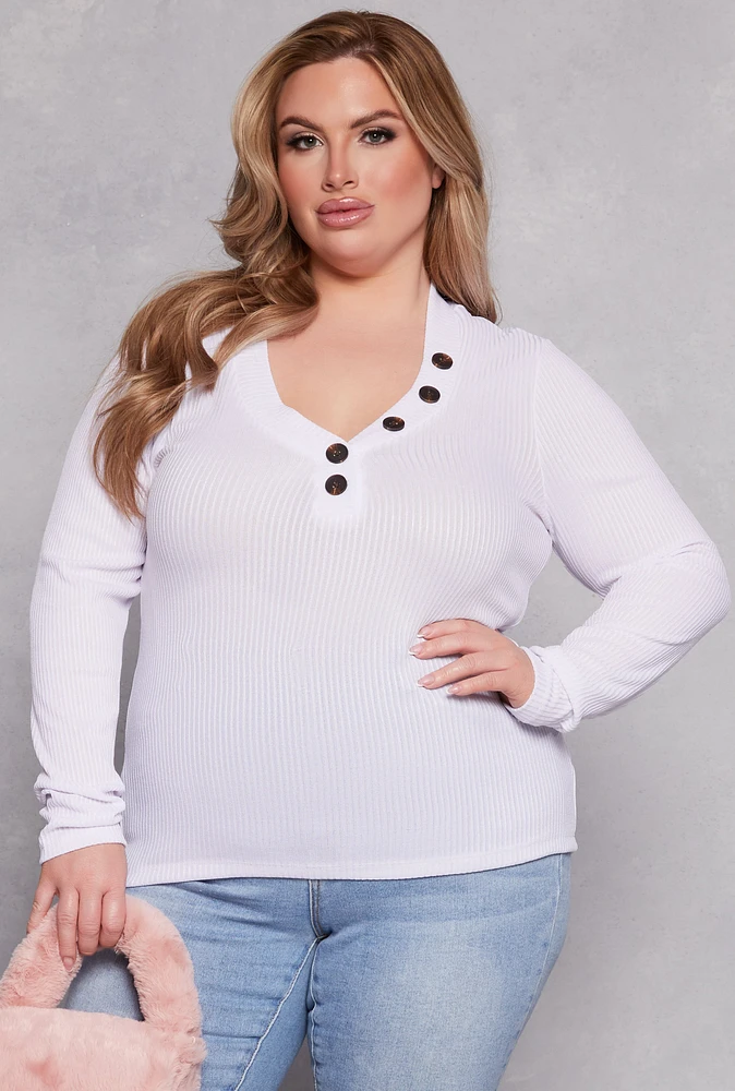 Womens Plus Size Brushed Ribbed Knit V Neck Top, White, Size 1X