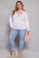 Womens Plus Size Brushed Ribbed Knit V Neck Top, White, Size 1X