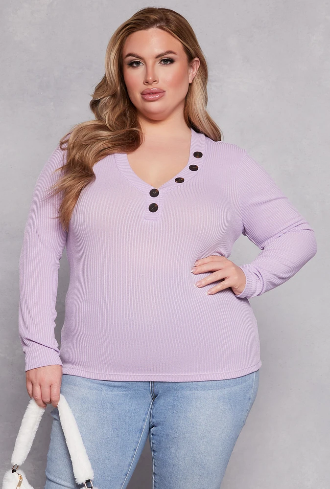 Womens Plus Size Brushed Ribbed Knit V Neck Top, Purple, Size 1X