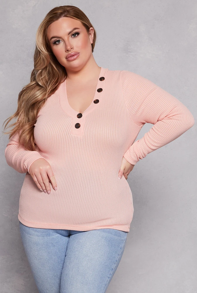 Womens Plus Size Brushed Ribbed Knit V Neck Top, Pink, Size 3X