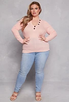 Womens Plus Size Brushed Ribbed Knit V Neck Top, Pink, Size 3X