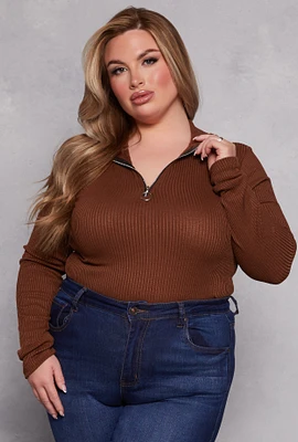 Womens Plus Size Mock Neck Quarter Zip Top, Brown, Size 2X