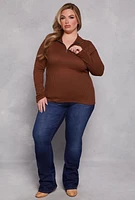 Womens Plus Size Mock Neck Quarter Zip Top, Brown, Size 2X