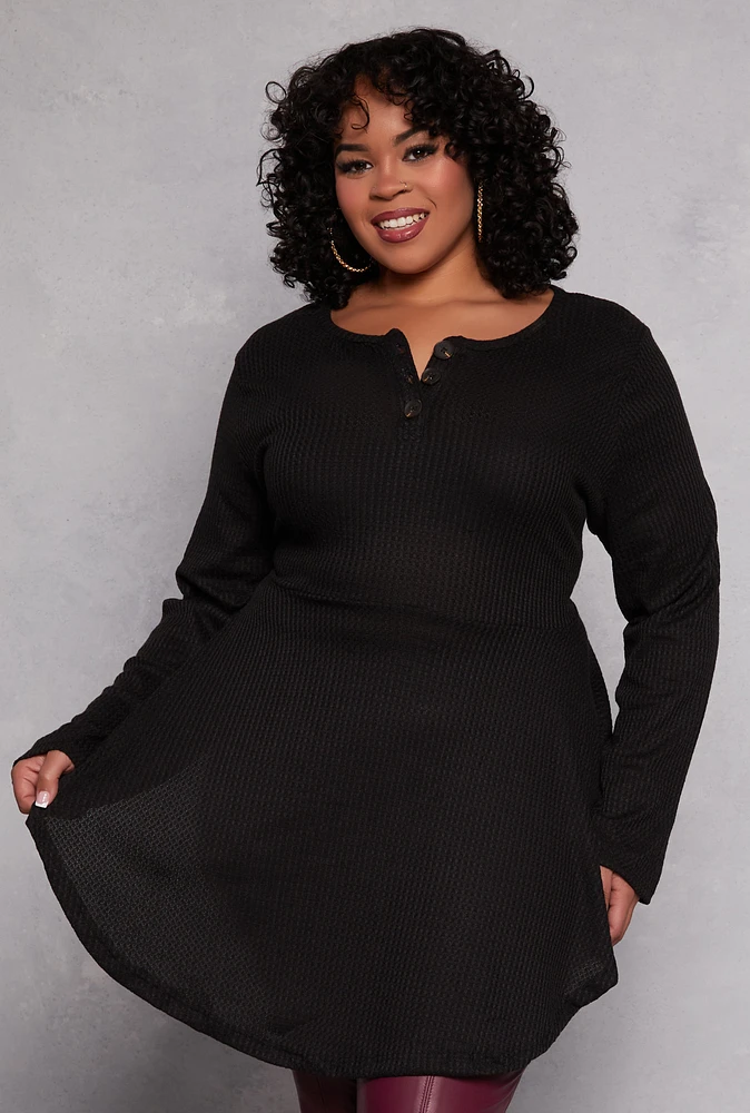 Womens Plus Size Waffle Knit Henley Peplum Top, Black, Size 3X