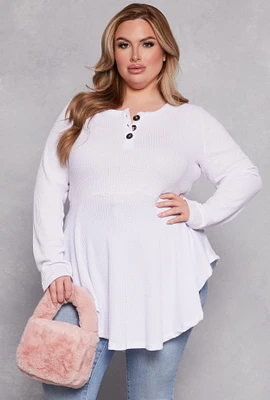 Womens Plus Size Waffle Knit Henley Peplum Top, White, Size 2X