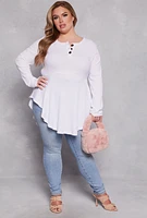 Womens Plus Size Waffle Knit Henley Peplum Top, White, Size 2X