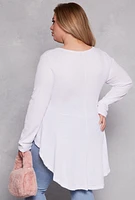 Womens Plus Size Waffle Knit Henley Peplum Top, White, Size 2X