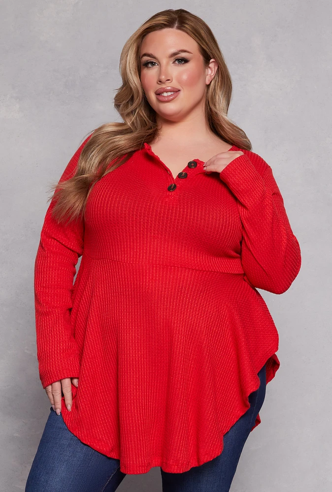Womens Plus Waffle Knit Henley Peplum Top,