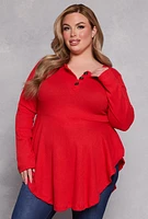 Womens Plus Waffle Knit Henley Peplum Top,