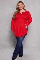 Womens Plus Waffle Knit Henley Peplum Top,