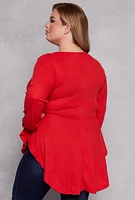 Womens Plus Waffle Knit Henley Peplum Top, Red,