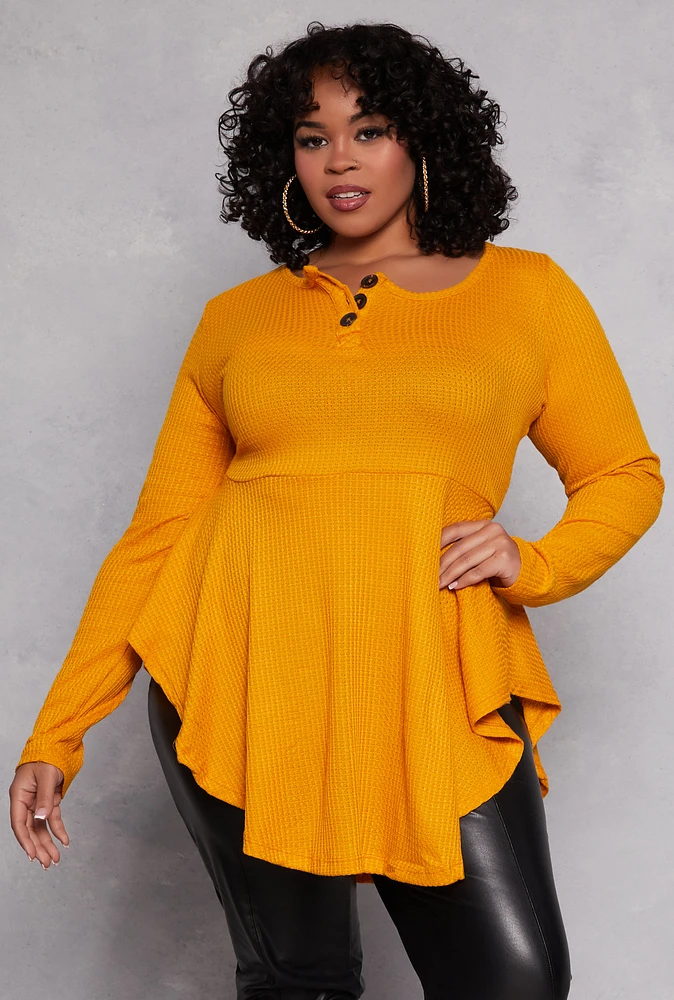 Womens Plus Size Waffle Knit Henley Peplum Top, Yellow, Size 3X