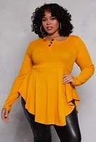 Womens Plus Size Waffle Knit Henley Peplum Top, Yellow, Size 3X