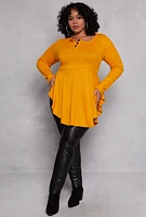 Womens Plus Size Waffle Knit Henley Peplum Top, Yellow, Size 3X