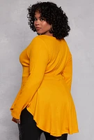 Womens Plus Size Waffle Knit Henley Peplum Top, Yellow, Size 3X