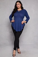 Womens Plus Waffle Knit Henley Peplum Top,