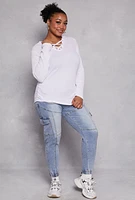 Womens Plus Waffle Knit Caged Detail Hooded Top, White,