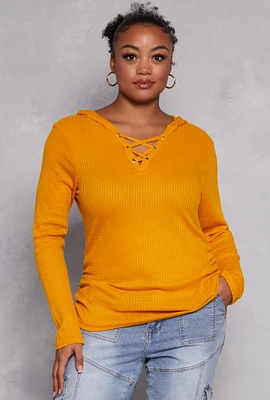 Womens Plus Size Waffle Knit Caged Detail Hooded Top, Yellow, Size 1X