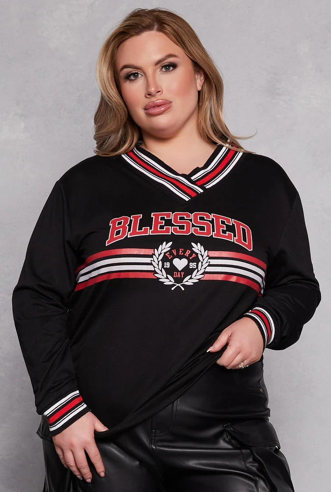 Womens Plus Size Blessed Varsity Graphic Top, Black, Size 1X