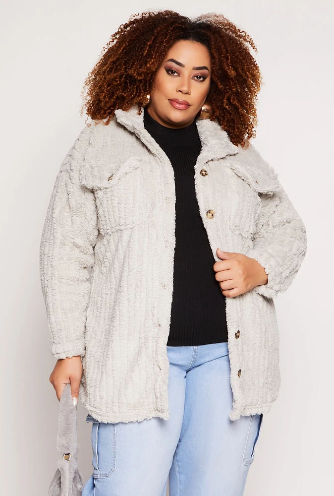 Womens Plus Size Sherpa Button Front Shacket, Grey, Size 3X