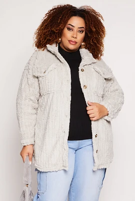 Womens Plus Size Sherpa Button Front Shacket, Grey, Size 3X
