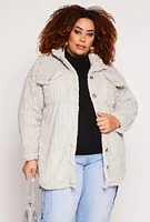 Womens Plus Size Sherpa Button Front Shacket, Grey, Size 1X