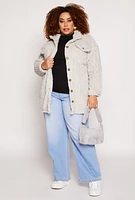 Womens Plus Size Sherpa Button Front Shacket, Grey, Size 3X