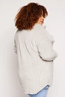 Womens Plus Size Sherpa Button Front Shacket, Grey, Size 3X