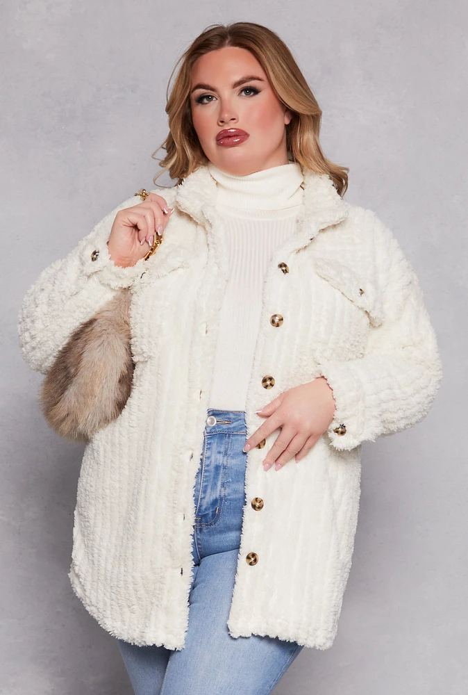 Womens Plus Size Sherpa Button Front Shacket, White, Size 2X