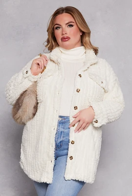Womens Plus Size Sherpa Button Front Shacket, White, Size 2X