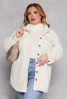 Womens Plus Size Sherpa Button Front Shacket, White, Size 2X