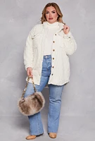 Womens Plus Size Sherpa Button Front Shacket, White, Size 2X