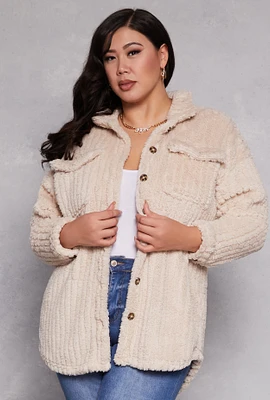Womens Plus Size Sherpa Button Front Shacket, Beige, Size 3X