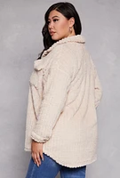 Womens Plus Size Sherpa Button Front Shacket, Beige, Size 3X