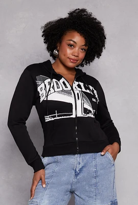 Womens Plus Size Brooklyn Graphic Zip Front Hoodie, Black, Size 4X