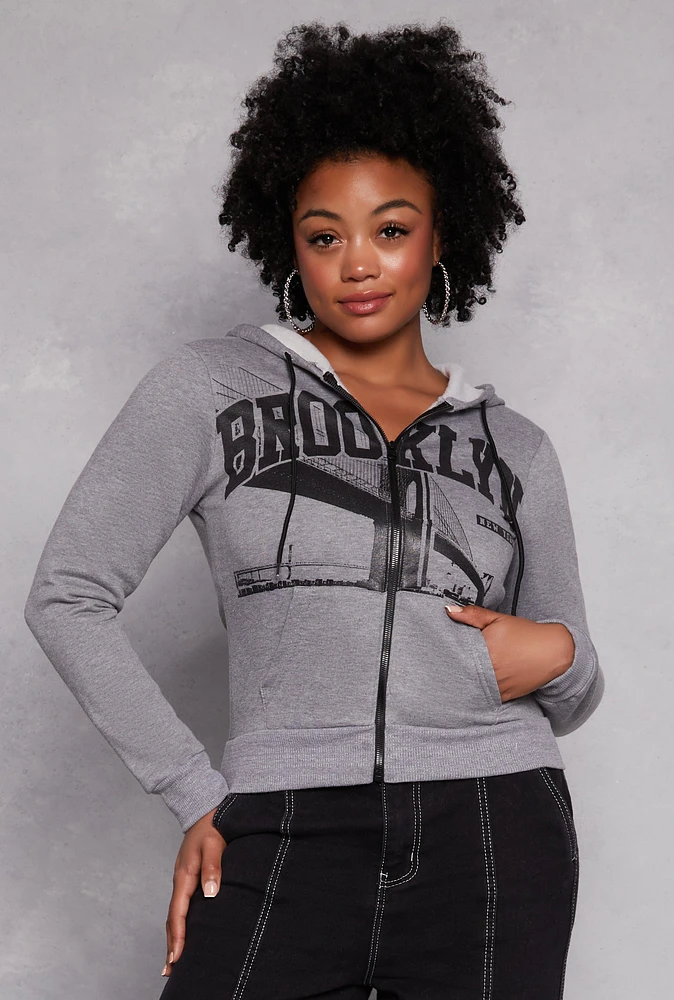 Womens Plus Size Brooklyn Graphic Zip Front Hoodie, Grey, Size 4X