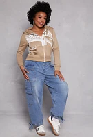 Womens Plus Size Brooklyn Graphic Zip Front Hoodie, Beige, Size 2X