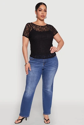 Womens Plus Lace Lined Crew Neck Top,