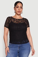 Womens Plus Lace Lined Crew Neck Top,