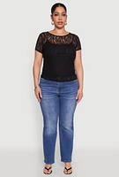 Womens Plus Lace Lined Crew Neck Top,
