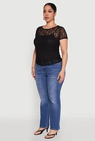 Womens Plus Lace Lined Crew Neck Top,