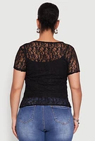 Womens Plus Lace Lined Crew Neck Top,