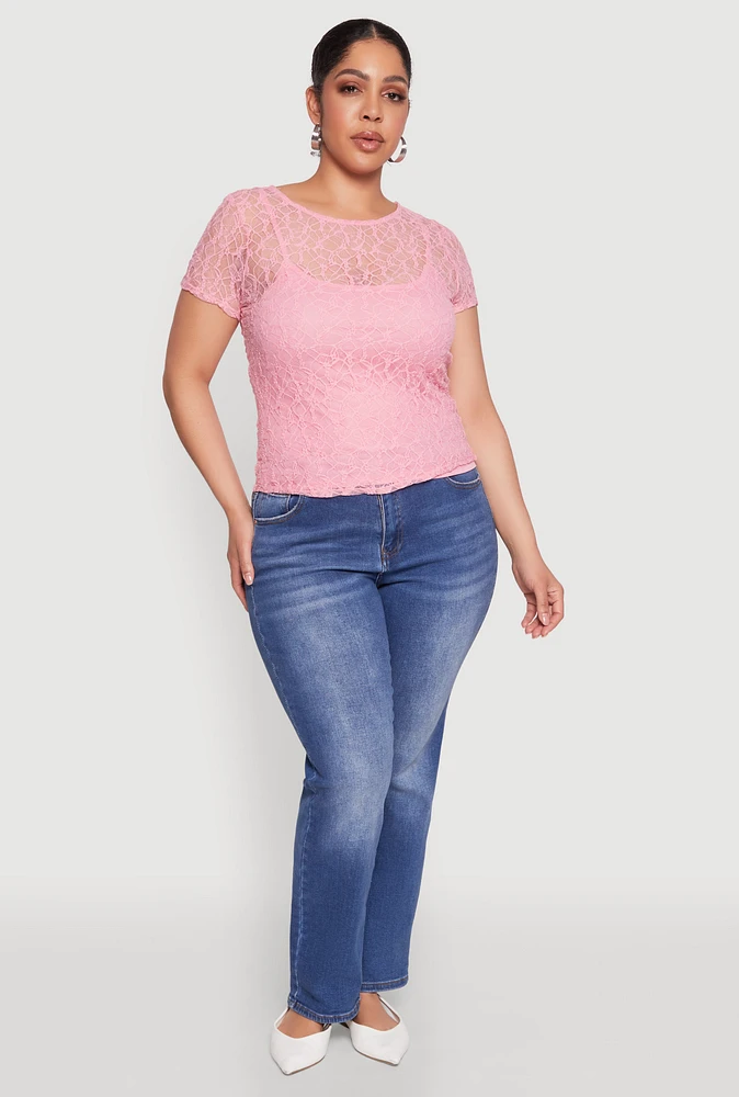 Womens Plus Size Lace Lined Crew Neck Top, Pink, Size 2X