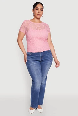 Womens Plus Size Lace Lined Crew Neck Top, Pink, Size 2X