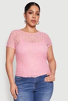 Womens Plus Size Lace Lined Crew Neck Top, Pink, Size 2X