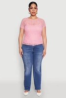 Womens Plus Size Lace Lined Crew Neck Top, Pink, Size 2X
