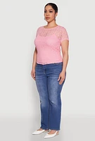 Womens Plus Size Lace Lined Crew Neck Top, Pink, Size 2X