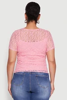 Womens Plus Size Lace Lined Crew Neck Top, Pink, Size 2X