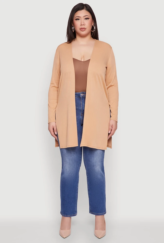 Womens Plus Size Rib Knit Long Sleeve Duster, Beige, Size 3X
